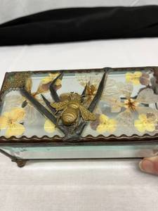 Amazing Handcrafted Vintage Large Stained Glass Brass Copper Dried Flowers Jewelry Footed Casket Box With Brass Bug Ornament On Top &amp Other Type Of Brass Design On The Inside As Well. Beveled Glass Sides &amp Decorative Feet Very Unusual