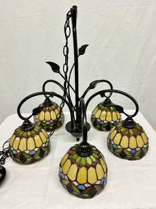 Beautiful 5 Light Tiffany Style Stained Glass Chandelier With Black Iron Leaves Accents - Like New Condition