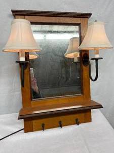 Arts &amp Crafts Style 2 Iron Lamp Light Mirrored Wood Hall Entryway Coat Key Rack Wall Hanging Shelf - Great Working Condition - Mirror Is Dusty &amp Needs To Be Cleaned No Scratches
