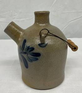 Vintage RARE 1999 Historical Rowe Pottery Works Handmade And Signed Crock Cobalt Blue And Gray Salt Glazed Stoneware Pitcher Jug With Handle - Excellent Condition
