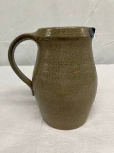 Vintage 1998 Rowe Pottery Works Handmade And Signed Large Cobalt Blue And Gray Salt Glazed Stoneware Pitcher Jug With Heart Design - Excellent Condition