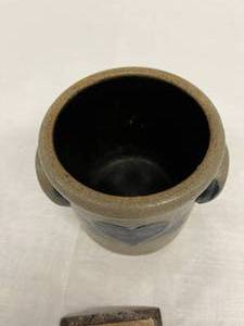 Vintage 1998 Rowe Pottery Works Handmade And Signed Large Cobalt Blue And Gray Salt Glazed Stoneware Small Crock With Heart Design - Excellent Condition