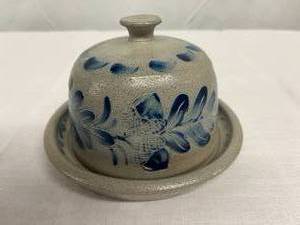 Vintage 2003&nbspSigned Cobalt Blue And Gray Salt Glazed Stoneware CrockSmall Cake Pastry Plate With Cover - Has Blue Leaves &amp Etchings On The Plate &amp Lid - Fabulous&nbsp