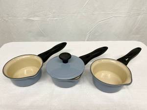 WOW Not 1 But 3 Vintage&nbspLe Creuset #14 Saucepans Light Blue Pots Plus Spout With RARE Black Heat Resistant Handles FRANCE Cast Iron Enamel Includes 1 Lid That Fits Them All - Great Condition