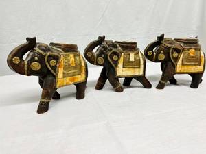 Lot Of 3 Beautiful&nbspVintage&nbspHandcrafted Ornate Brass Bone Inlay Carved Wood Elephants Statues - Just Look At That Detail Work On The Brass&nbsp Great Condition