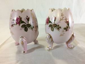 Pretty Pair Porcelain Egg Vases Vintage 1950s Napco Moriage Gilded Napcoware Transferware Footed Pink Floral Mid-Century Collectible Home Decor - Both Excellent Condition