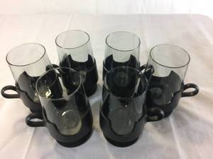 Retro Fabulous 6 Vintage Glas-Snap Corning Mid Century Modern Smoked Glass 10oz Water Iced Tea Coffee Tumblers Glasses Mugs In Footed Black Holders - Excellent Condition&nbsp&nbsp