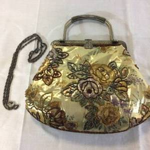 Fantastic Bead Embroidered Antique Floral Coiled Metal Handled Purse Bag With Long Strap Chain - Great Condition For Age