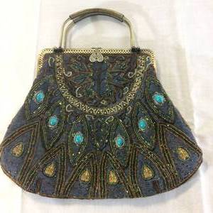 #2 Fantastic Bead Embroidered Antique Turquoise Colored Stones Surrounded In Silver Decorations With Coiled Metal Handled Purse Bag With Long Strap Chain - Great Condition For Age