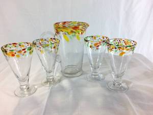 Lively &amp Colorful Artland Art Glass Hand Crafted 5 Piece Drink Set With 4 Goblets &amp 1 Pitcher - New Condition - Stickers Still On Pitcher &amp On Bottom Of Glasses&nbsp
