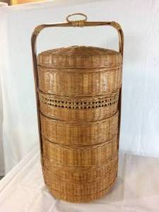 WOW Very Rare 1940s Chinese 5 Tier Wedding Basket Stacking Bamboo Rattan Woven Cane Antique - Great Condition