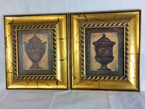 Vintage Hollywood Regency Pictures Of Urns With Shiny Gold Foil Frames - Excellent Condition