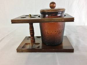 Vintage Dun Rite Wood Nov Inc 4 Pipe Stand and Amber Glass&nbspDURAGLAS&nbspTobacco Humidor Jar With Lid - Great Condition