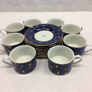 Set of 8 Blue 14k Gold Stars Porcelain Sakura Galaxy Mug Plate Coffee Cups Saucer Sets - Great Condition