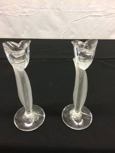 Lovely Pair Vintage Glass Flower Long Stem Tulip Candleholders - Excellent Condition