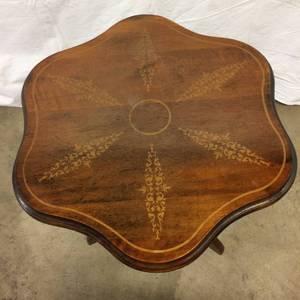 Beautiful Vintage Sculpted Walnut Tilt Top Table With Gold Emblem Design On Top - Great Condition