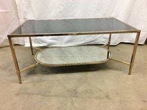 Spectacular Rare MCM 1980s Rose Gold Metal Rectangular Coffee Table with Black Glass Top &amp Mirrored Under Table - Excellent Condition