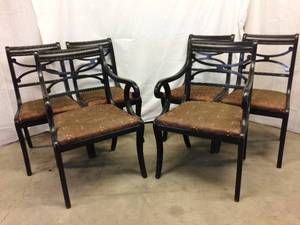 Lot Of 6 Antique Dining Chairs That Were Repainted Black With Distressed Buffing - Good Sturdy Condition However One Has Its Spring Sticking Out In The Bottom &amp Fabric On Seats Should be Replaced