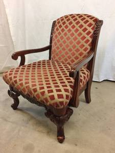 Vintage Reproduction Antique Chippendale Thrown Room Chair With Imperial Red Velvet Diamond Patterned Fabric - Great Condition - Small Flaw On Fabric To Left Corner Of Seat In Pictures