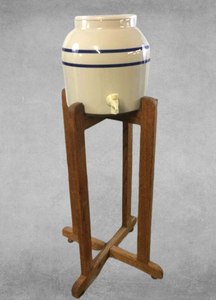 Vintage Crock&nbspBlue Stripe Style Water Dispenser On Wood Stand - Great Condition Water Bottle On Top Not Included