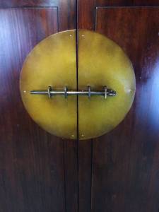 WOW FABULOUS ASIAN INSPIRED CHINESE WEDDING CABINET WITH LOCKING PIN &amp BRASS ACCENTS BY PIER 1 IMPORTS CHINOISERIE CAMPAIGN STYLE STORAGE ARMOIRE - GREAT CONDITION