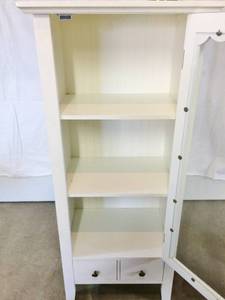 Darling Vintage White Wood &amp Glass Storage Pantry Cabinet 3 Shelves &amp 1 Drawer - Good Condition