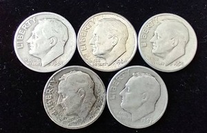 5 90% Silver Roosevelt Dimes