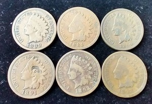6 Consecutive Year Indian Head Pennies - 1888-1893