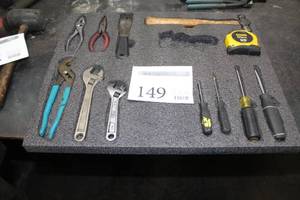 lot 149 image: Lot of (12) Hand Tools - Slip Lock Pliers, Crescent Wrenches, Screwdrivers, Measure Tape, Ball Peen Hammer, Pliers, Putty Knife
