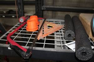 lot 252 image: Hand Tools - Square, Bow Saw, Flashlight, Plastic Caps