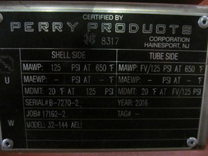 lot 105 image: 2016 Perry Products Shell and Tube Heat Exchanger 32-144 AEL 1516-sq.ft.