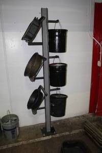 lot 686 image: Metal Custom Bucket & Drain Pan Rack, (3) Buckets, (3) Drain Pans