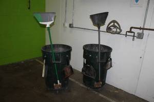 lot 698 image: Lot of (2) Rolling Clean-Up Stations, Brooms, Dust Pans, Trash Can on Dolly