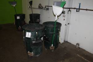 lot 697 image: Lot of (2) Rolling Clean-Up Stations, Brooms, Dust Pans, Trash Can on Dolly