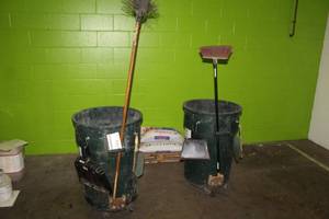 lot 699 image: Lot of (2) Rolling Clean-Up Stations, Brooms, Dust Pans, Trash Can on Dolly