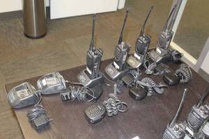 lot 1148 image: Kenwood DigitalAnalog Portable 2-way Radios (x4), Kenwood Li-ion Rapid Chargers KSC-35S (x6), Impact Microphones (x3)