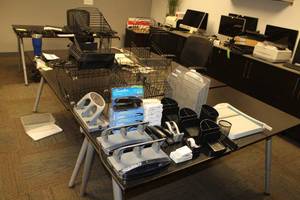 lot 1155 image: Office Supplies - Tape Dispensers, Swingline Staplers, Staples, 3-hole Punches, Wire Racks, Desk Organizers, OfficeMax 12 Paper Cutter