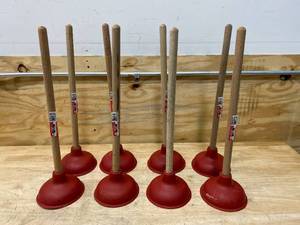 Standard Plunger Lot of 8- Harveys 6 Red Rubber Cup, 18 Wood Handle