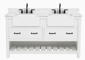 ALLEN  ROTH Briar 60-in Carrara White Farmhouse Double Sink Bathroom Vanity with White Engineered Marble Top
