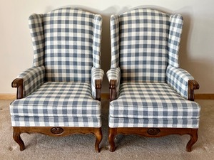 lot 32 image: Pair of Lovely Ethan Allen Upholstered High Back Armchairs & Ottoman