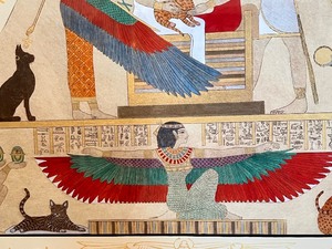 lot 56 image: Amazing Triangle Matted & Framed Egyptian Raised Relief Print - The Healing of the Egyptian Cat by Mel Fleck and Jan Fleck