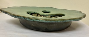 lot 93 image: Signed Pottery Vase with Accent Rocks and Floral Frog