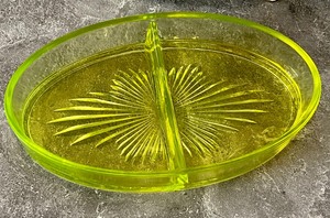lot 131 image: Vintage Vaseline Glass Divided Dish with Silver Plated Handled Tray