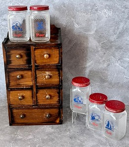 lot 252 image: Vintage Wooden Spice Caddy and Decorative Glass Jars