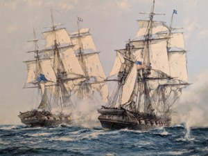 lot 333 image: Framed Ship Battle Print by Montague Dawson