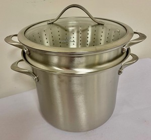 lot 466 image: 4 Piece Calphalon Pot w Steamer Basket and OXO Good Grips Ice Bucket