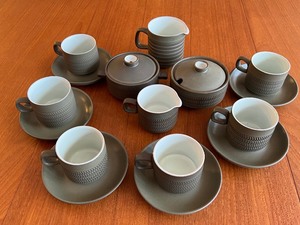 lot 267 image: Denby Stoneware Camelot Green Tea cupsSaucers and CreamSugar Set