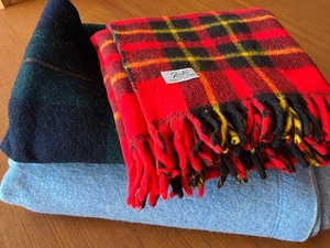 lot 472 image: Three Vintage Wool Blankets including Faribo Wool Red Plaid Throw