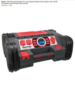 Vector 1200 Peak Amp Portable Car Jump StarterPortable Power Station with 120 PSI Compressor and 500 Watt Power Inverter. See Pictures