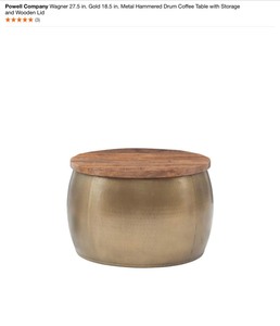 Powell Company Wagner 27.5 in. Gold 18.5 in. Metal Hammered Drum Coffee Table with Storage and Wooden Lid. See Pictures